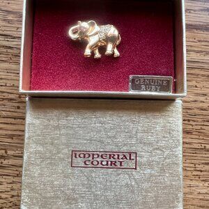 Imperial Court Elephant Pin Brooch Rhinestones Genuine Ruby Eye Gold Tone NIB